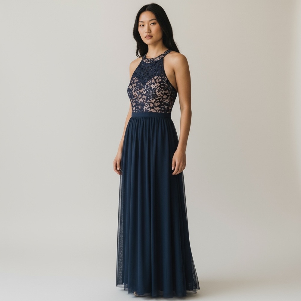 Morgan & Co. navy blue formal gown with a lace bodice Junior Size 9/10